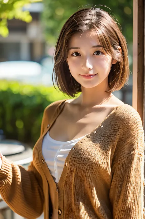 highest quality、super detailed、masterpiece、realistic、Photoreal、one girl、(cute 17 year old girl、small head)、(cute:1.2)、Bewitching、(brown hair、short bob hair)、eyes are brown、perfect shiny skin、((Slender))、narrow waist、((perfect body))、model pose、accurate dep...