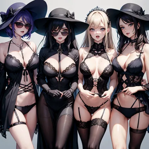 four sexy women looking at camera, opened mouths yawning, sunglasses, sunhats and goth lingerie outfits, portrait