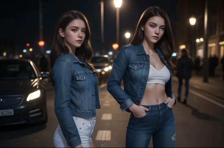 ((Best quality, A high resolution) detailed, Realistic, whole body, Beautiful young ((one)) Young woman, pearl skin, (European appearance), skin texture, blue jeans, Dark jacket, (brunette), great atmosphere, night, hips, blur depth, Photography 8k, lamps,...