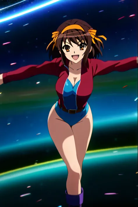 1girl, medium breasts, leotard, blue leotard with red accents, tight belt, bare legs, boots, matching boots, bracelets, city backdrop, solo, single, standing, full body shot, cowboy shot, beautiful detailed eyes, haruhi, looking_at_viewer, smile, short_hai...