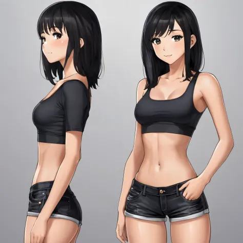 short girl,shoulder height black hair,small breasts,wearing crop top and small tight shorts,slim and toned physique