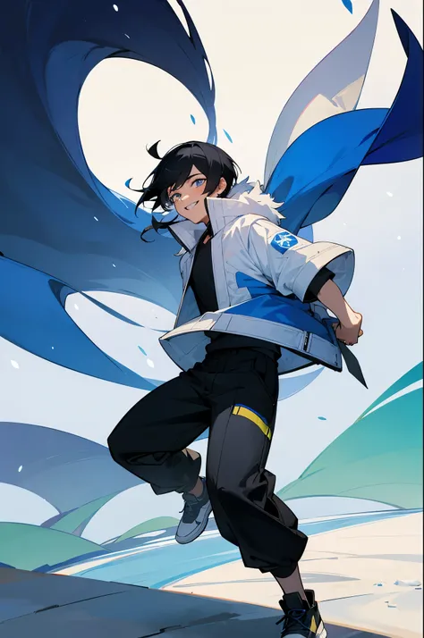 avatar, air bending logo on pants, white arm bands, short black hair, blue pupils, short sleeved black shirt, young male, black pants , snow background, teenager, one male, baggy pants, sneakers, white fur jacket, snowing, smiling, icey floor, arms in pock...