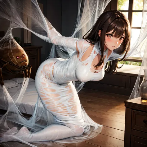 1girl,Spider weaving a net on the girl,réalism:1.2,ultra-detailed,bedroom setting,stretched pose,struggling in the net,brown haired,very long sheer skirt,oaken floor,soft sunlight,delicate spider silk,lace curtains,bedside table,decorative pillows