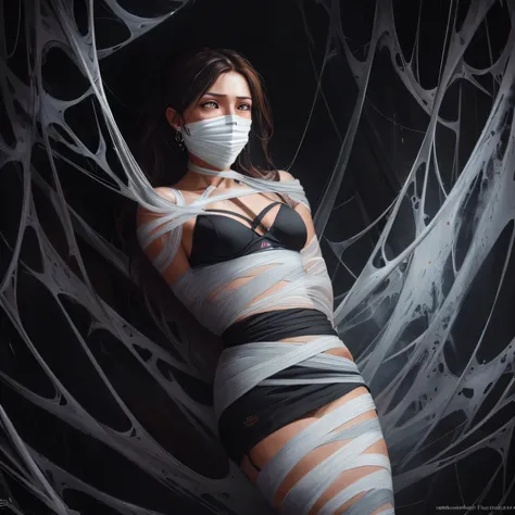 ing from the ceiling, dim lighting, dark atmosphere, oil painting style, vibrant colors, intense emotion. (best quality, highres, ultra-detailed, realistic:1.2), spiderweb, trapped, delicate facial features, fear in her eyes. half body visible,(gagged:1.4)...