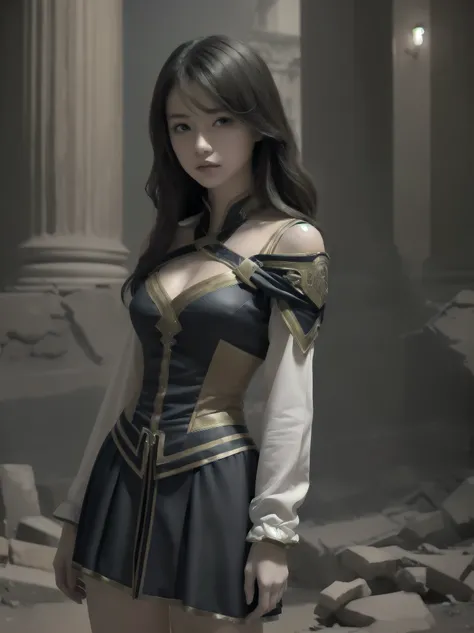 One girl、Standing against the backdrop of the majestic ruins of an ancient ruin。her costume is、A design that is neat yet gives you a sense of ancient mystery.、The realistic feel and texture of the material stands out.。her face is perfectly drawn、Capture th...