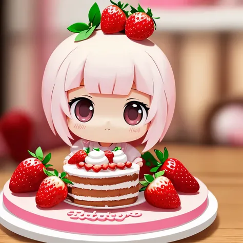 Photoreal、anime character（chibi girl、The lines are thick、Deformed）There is a whole cake with a picture of、strawberry、Whipped cream