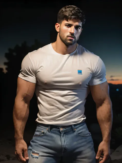 Full shot, full body portrait, Gorgeous American Man, Aged25, hairy body, Sexy alpha male, normal biceps, ripped abs, swim trunks, handsome, 4k, high detailed, beautiful, 8 k lighting, night sky, bright moon at the beach, 4k extremely photorealistic, uhd 4...