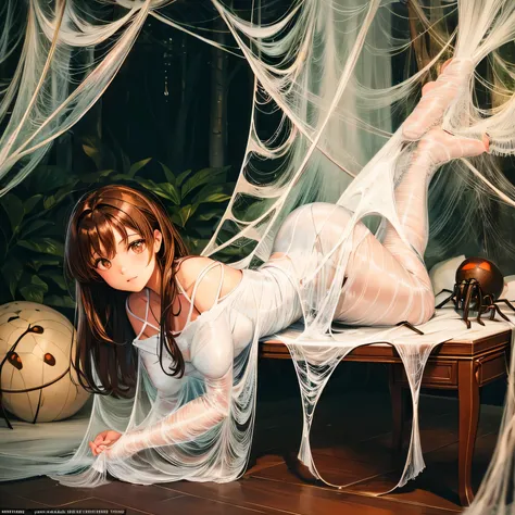 1girl,Spider weaving a net on the girl,réalism:1.2,ultra-detailed,bedroom setting,stretched pose,struggling in the net,brown haired,very long sheer skirt,oaken floor,soft sunlight,delicate spider silk,lace curtains,bedside table,decorative pillows, spider ...