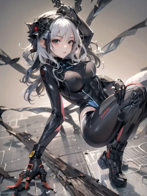 cinematic lighting、super dense skin、Beautiful quality with attention to detail、cyber punk、(alternative、dull tones、calm tone:1.3)(1 beauty、Beautiful face in every detail:1.3)(Bewitching Black Spider Tight Suit:1.7)(nunja～well-shaped chest、Arachne tattoo on ...