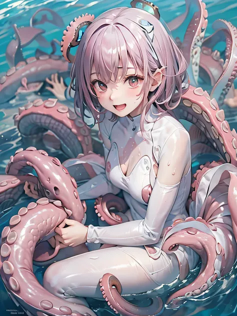 woman、20-year-old、((ocean))、white tight bodysuit、(Makoto Harada)、open mouth smile、(((See-through)))(((Full of octopuses)))((Octopus tentacle roll)Around the body))((blush))(((wet with sweat)))(((octopus rider)))squat down and spread your legs