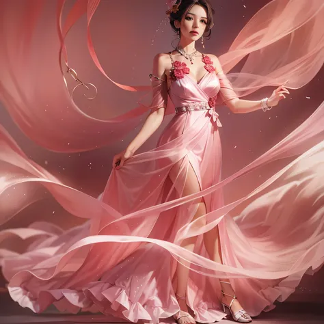 Beautiful woman in vey long translucent pink satin dress