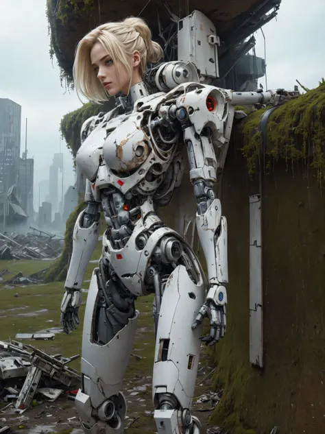 ((masterpiece, highest quality, Highest image quality, High resolution, photorealistic, Raw photo, 8K)), Abandoned robot soldier on battlefield, broken and immobile, rust and moss showing passage of time, female cyborg body, Blonde, female body, biomechani...