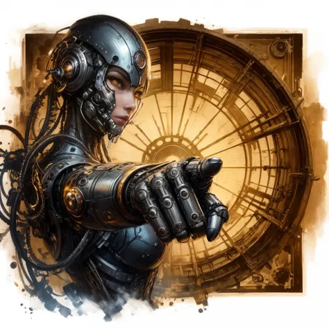 ((Meisterwerk, high quality, artgerm, artstation)),intricate ultra detailliert, eine Nahaufnahme eines weiblichen Cyborgs mit einer Uhr im Hintergrund, female cyborg, Uhrwerkautomat, detaillierte Steampunk-Illustration, steampunk automaton, steampunk robot...