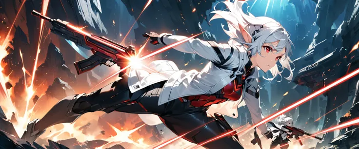 white hair, red eyes, elf ears, sci fi, laser rifle, white jacket, black pants, fantasy background, female, dynamic pose, action shot, movie still