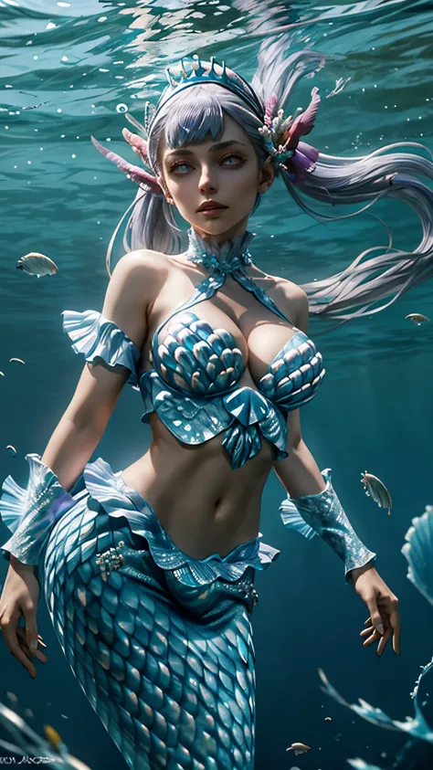 1girl,cowboy shot,beautiful noelle_silva,long hair ,twintails, bangs,silver hair,purple eyes, cleavage, tiara, monster girl,  (mermaid:1.1), water, navel, bare shoulders, hair ribbon,underwater, shell, scales,(volumetric lighting), best quality, masterpiec...