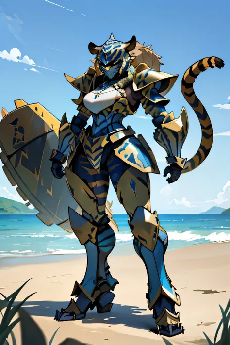 thicc, standing, full body, big, female, armoured ,furry, scorpion armour, scorpion pincer hands, tiger stripes color, hybrid monster, 4K, masterpiece, grass valley, blue skies, beach