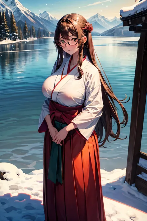 High resolution, high quality, 1 girl, anime girl, brown long hair, brown eyes,heart-shaped pupil, Green glasses, tanned skin, big breasts,beautiful breasts, (important moment,hakama long skirt,Are standing,At the shrine,snow Road,(water),