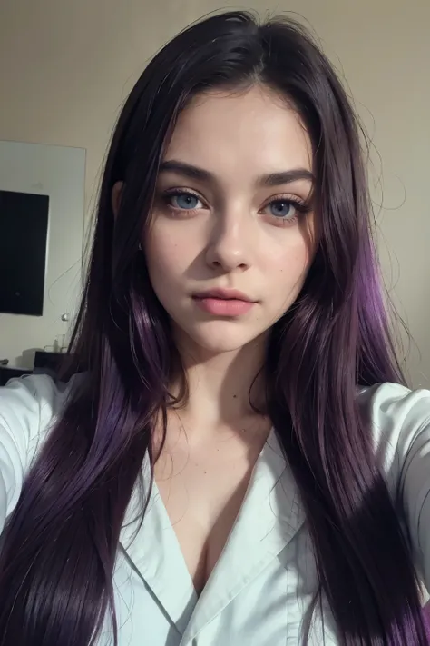 8K, Best Quality, Masterpiece, Ultra High Resolution, (Realism: 1.4), Original Photo, (Realistic Skin Texture: 1.3), (Film Grain: 1.3), (Selfie Angle), 1 Girl, teenager, purple hair, long hair, makeup, lipstick, blushing cheeks, doctor coat,Sapphire Color ...