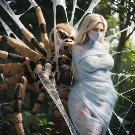 a girl entangled in the spider web, struggle, detailed classroom, (cocoon:1.3), spider web, hanging, spider in the web, spider