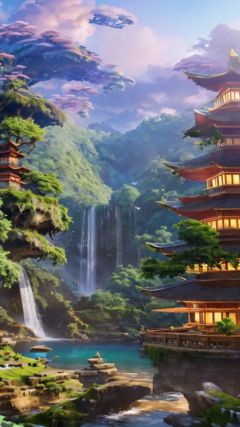 arafed view of a waterfall with a pagoda and a waterfall in the background, fantasy matte painting，cute, scenery artwork, game art matte painting, illustration matte painting, dota! matte painting concept art, dota matte painting concept art, 2. 5 d cgi an...