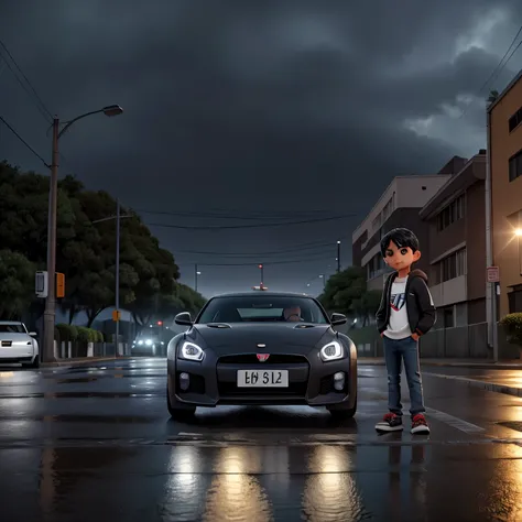 Descreva a cena de um jovem com capuz, wearing a black sweatshirt and jeans, standing on the sidewalk on a rainy night. He is looking at a shiny GTR R35 car passing on the road., Your admiration visible in your eyes. The light from the headlights reflects ...