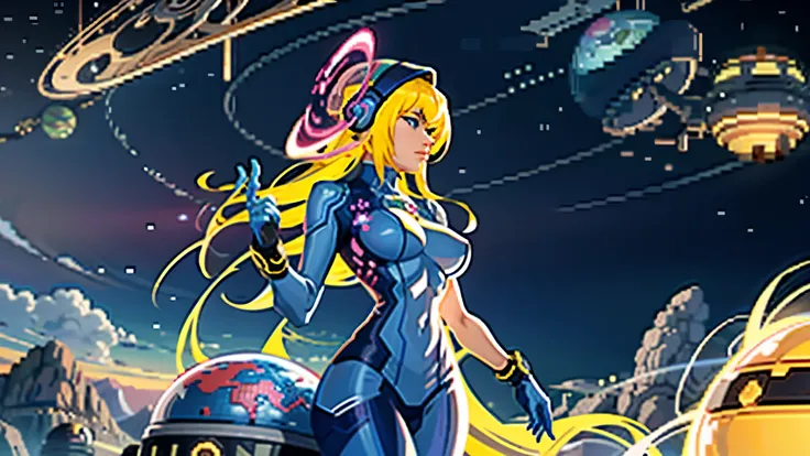 Create a mesmerizing 4K pixel art image for a YouTube banner featuring Samus Aran from Metroid. The scene is set on a planet within the solar system, with perfect pastel-colored lighting that enhances the ambiance. Samus should be depicted without her suit...