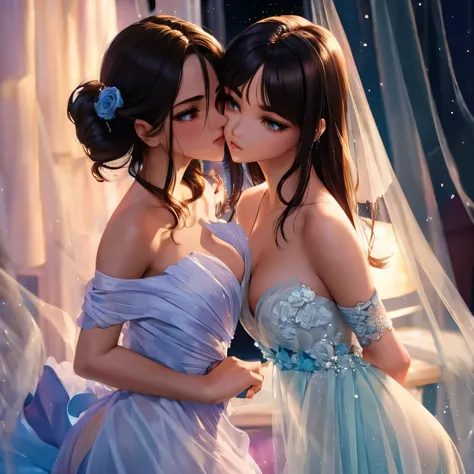 two girl kissing, see her ass,(bright lighting,romantic setting),dreamy background,bondage,dark hair, mesmerizing gaze, , soft skin, alluring beauty, artistic portrait, high-quality image, vibrant colors,translucent silk wedding dress, mosquito net,