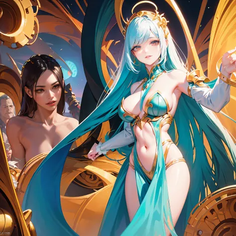 An alien queen is seducing and abducting men on a public beach, she is (busty, over age 16, doe-eyed, pale, odd-colored hair, body jewelry). Nearby is her horrible spaceship, crowded beach. The scene is (best quality, 4k, 8k, highres, masterpiece:1.2), ult...