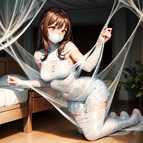 1girl,Spider weaving a net on the girl,réalism:1.2,ultra-detailed,bedroom setting,stretched pose,struggling in the net,brown haired,very long sheer skirt,oaken floor,soft sunlight,delicate spider silk,lace curtains,bedside table,decorative pillows,gagged