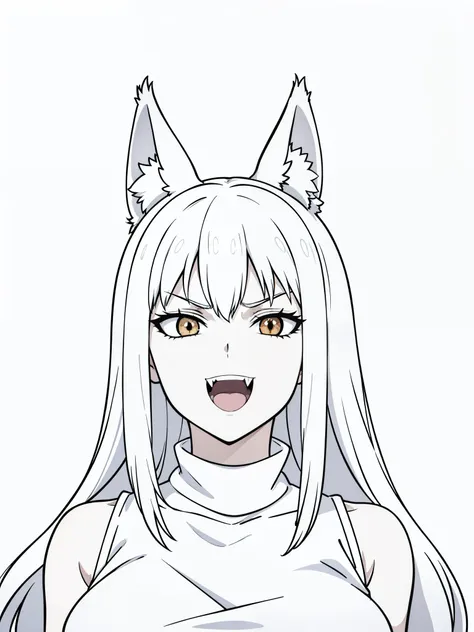 (1girl,mature female,tall),solo,white hair,fox ears,(white background,line drawing),white tank top,turtleneck,long hair,angry,sm...