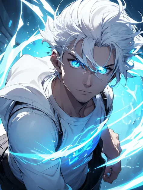 man, white hair, blue shirt, blue eyes, glowing eyes, glowing blue eyes, combed back hair