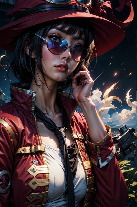 anime girl in red hat and sunglasses talking on cell phone, badass anime 8 k, 2 d anime style, anime style 4 k, kantai collection style, detailed digital anime art, black - haired mage, 2 d anime, anime cover, anime style artwork, portrait of a female anim...