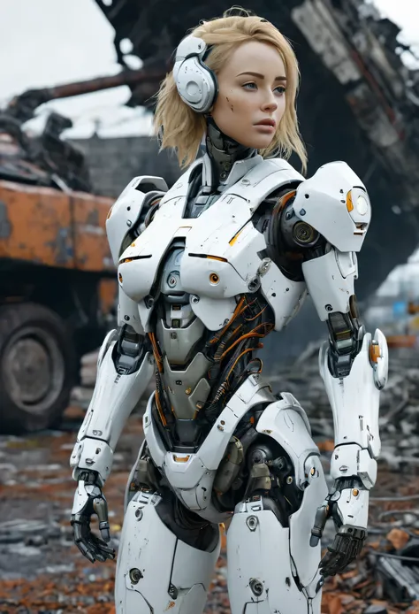 ((masterpiece, highest quality, Highest image quality, High resolution, photorealistic, Raw photo, 8K)), Abandoned robot soldier on battlefield, broken and immobile, rust and moss showing passage of time, female cyborg body, Blonde, female body, biomechani...