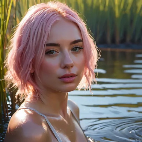 close up portrait of a cute woman, light pink hair, sexy, (gldot) bathing in a river, reeds, (backlighting), realistic, masterpiece, highest quality, lens flare, shade, bloom, [[chromatic aberration]], by Jeremy Lipking, by Antonio J. Manzanedo, digital pa...