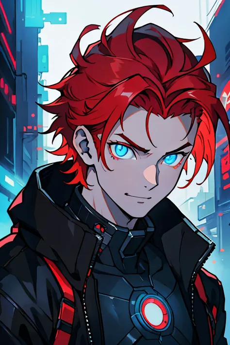 highres, anime, masterpiece, 1boy, solo, cyberpunk, glowing eyes, white skin, red hair, medium hair, spiked hair, bright blue eyes, black jacket, best quality, best face, (((best eyes))), ((good_mood))