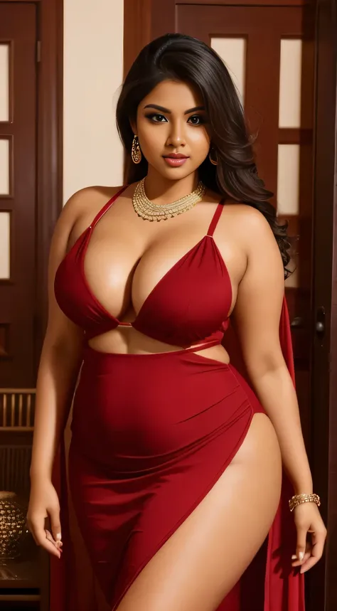 Sexy Indian woman , Bikinx Chain Cutout Front Bodycon Dress, dark red color, sexy figure, busty, lusty, seductive, fat, plus size, chubby, chubby belly, fat figure, eye makeup heavy, indoor