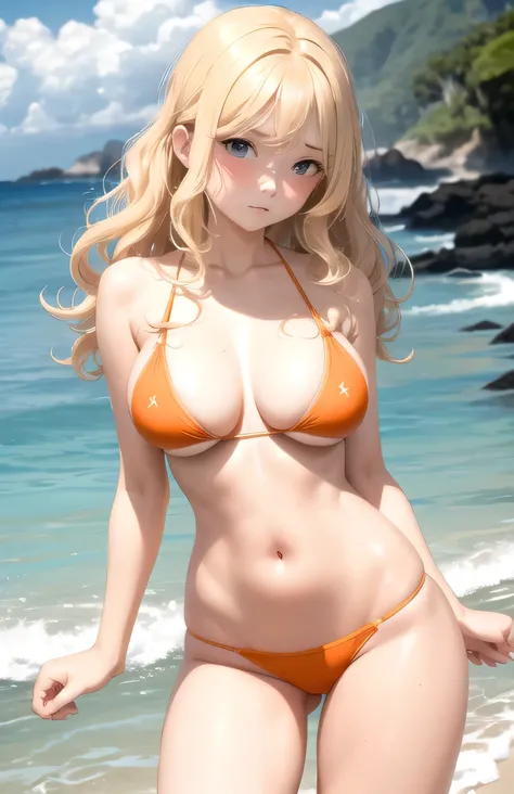 masterpiece, best quality, 1girl, blonde wavy hair, on beach, hands squeezing breasts, orange bikini falling off, embarrassed expression 