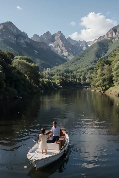 Imagem de um casal , passando de barco perto das montanhas 
