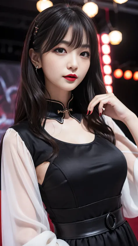 Super detailed、Japanese、charming beauty、seductive adult woman、Beautiful woman、sharp eyes、cool girl、wavy hair、flowing bangs、long black cheongsam、wide sleeve、evilの幹部、evil depravity、brainwashing、Mind control、apply lipstick、grin、evilな表情、evil、empty eyes、evil、st...