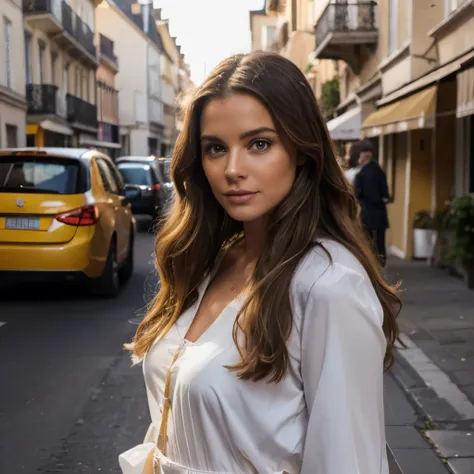 realistic photography, bianca (femme, 28 ans, long wavy brown hair), (yeux parfaits), debout dans la rue, au milieu de la route,...