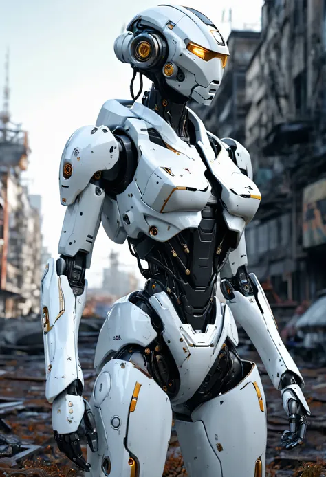 ((masterpiece, highest quality, Highest image quality, High resolution, photorealistic, Raw photo, 8K)), Abandoned robot soldier on battlefield, broken and immobile, rust and moss showing passage of time, female cyborg body, Blonde, female body, biomechani...