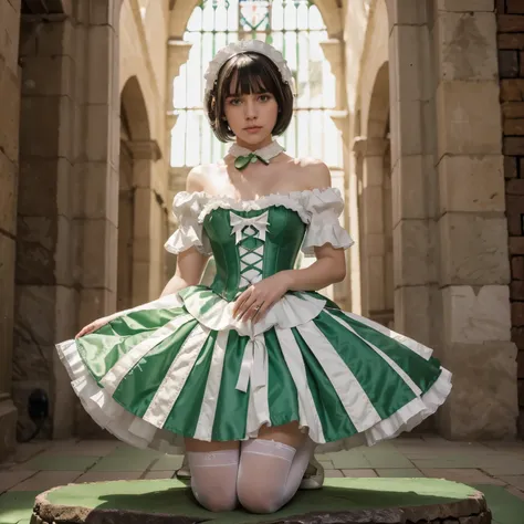 masterpiece, best quality, 1girl,  medieval times, full body, medium hair, jewelry, gem, green and white dress, off-shoulder, bow, white pantyhose, vertical-striped pantyhose, puffy sleeves, blunt bangs, detached collar, maid headdress, red bow, green coll...