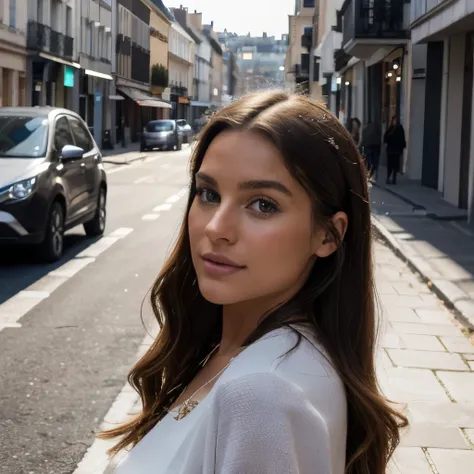 realistic photography, bianca (femme, 28 ans, long wavy brown hair), (yeux parfaits), debout dans la rue, au milieu de la route,...