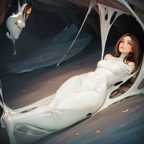 1girl,Spider weaves a net on a girl, very realistic, very detailed,bed,stretched, dark cave, struggle in the net,brown haired, very long sheer dress,hang,