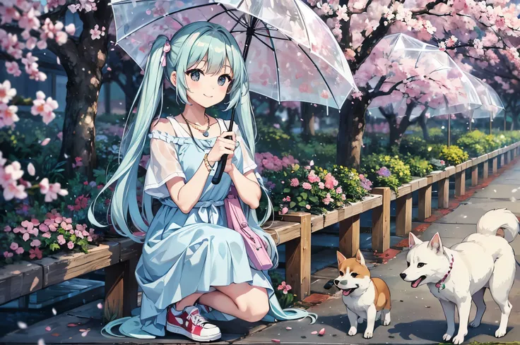 light blue long hair、Beautiful girl with twin tails、愛らしいsmile、rainが降っている、A park with cherry blossoms in full bloom、Bigger in the center、animal, bird, blurry, blurry background, black eyes, dog, whole body, holding, holding umbrella, jewelry, look up, neckl...