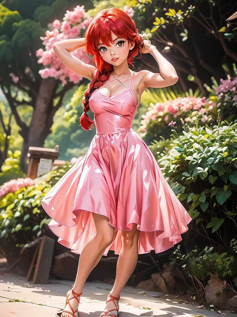 garota anime ruiva com vestido longo pink com desenho de rosas casamento, saia, 16 anos, corpo bonito, seios grandes, with hands...