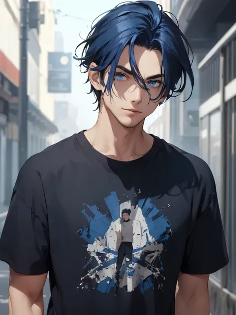 ((Man)), ((dark blue hair)), ((messy comback back hairstyle)), short hair, ((blue eyes)), black shirt, defined body