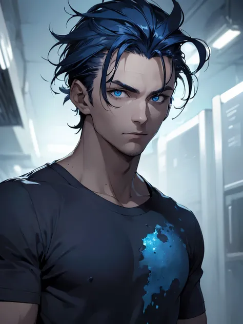 ((Man)), ((dark blue hair)), ((messy combed back hairstyle)), short hair, ((blue eyes)), black shirt, defined body, glowing eyes, dark background