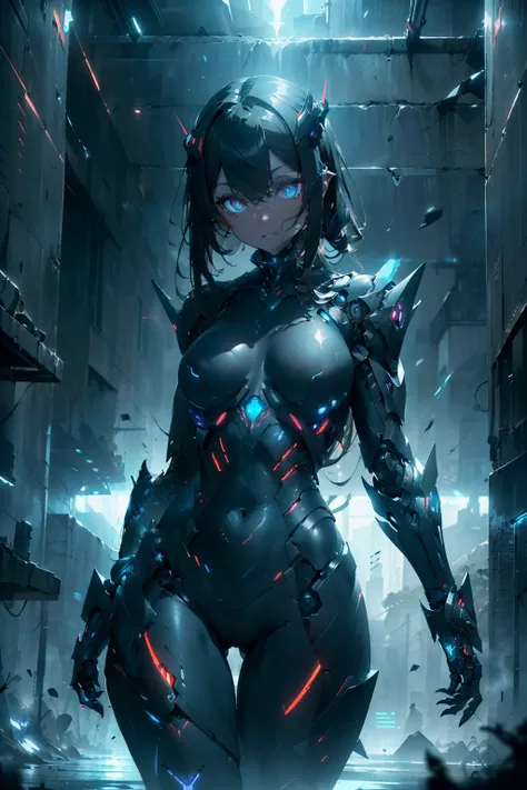 Waist up girl realistic and intricate perfect detailed beauty face, detailed & asymmetric perfect sharp galaxy glowing eyes, ((in realistic sci-fi black plugsuit metal mech parts and robotic tentacles, sharp focus, moving pose, 4k, UHD, (masterpiece), best...