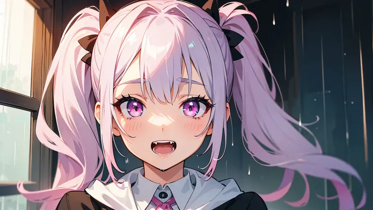 one girl, very beautiful face, beautiful eyes, detailed eyes, detailed face, detailed hair, masterpiece, anime girl, pink eyes, silver hair, , kawaii, two pony tails, very young, big , pixiv, illustration, very high quality, masterpiece, vampire teeth, fan...